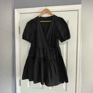 J. Crew Black V-Neck Puff Sleeve Cotton Poplin Tiered Wrap Dress MP